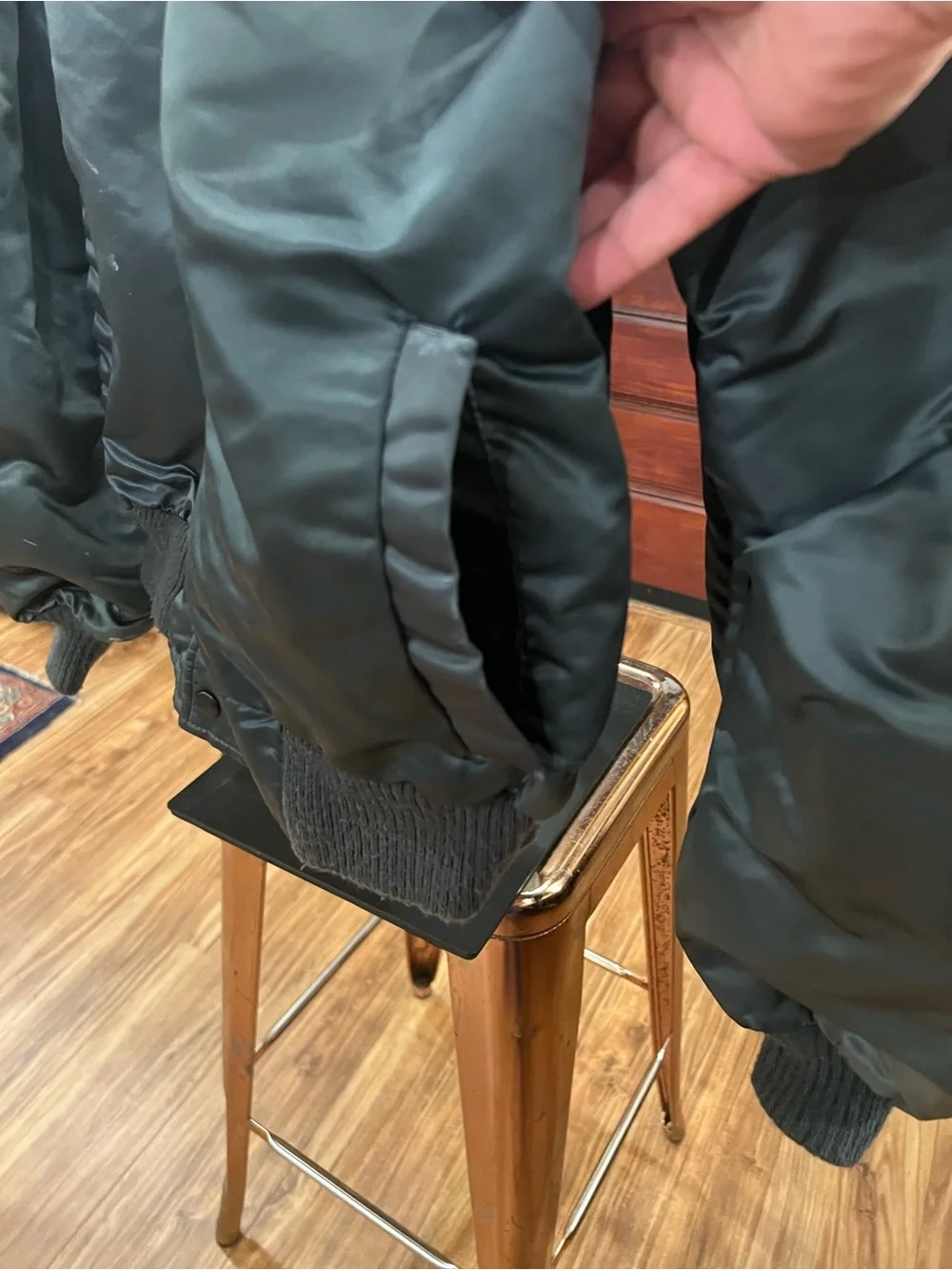 Men's Dark Green Satin Bomber Jacket with Ribbed Trim